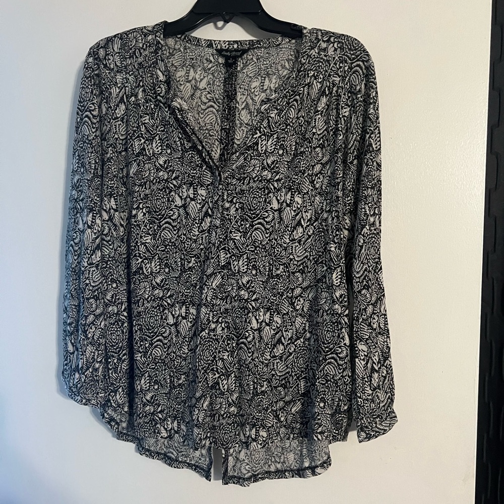 Lucky | Black and White Floral Peasant Blouse L